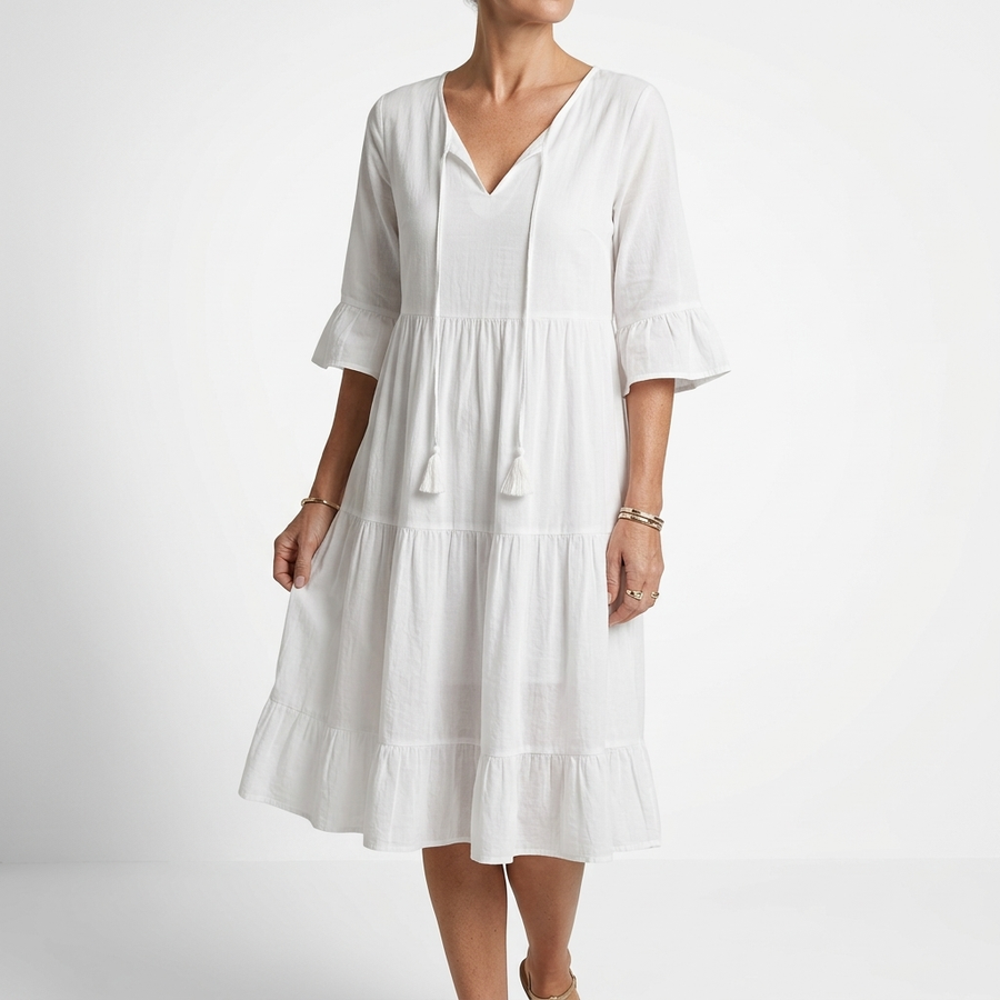 Côtelune™ — Robe smockée col V manches volantées