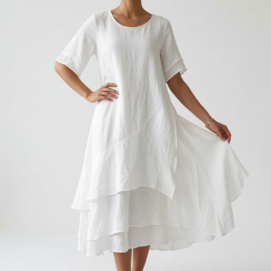 Linette™ — Robe midi col rond ourlet étagé ample