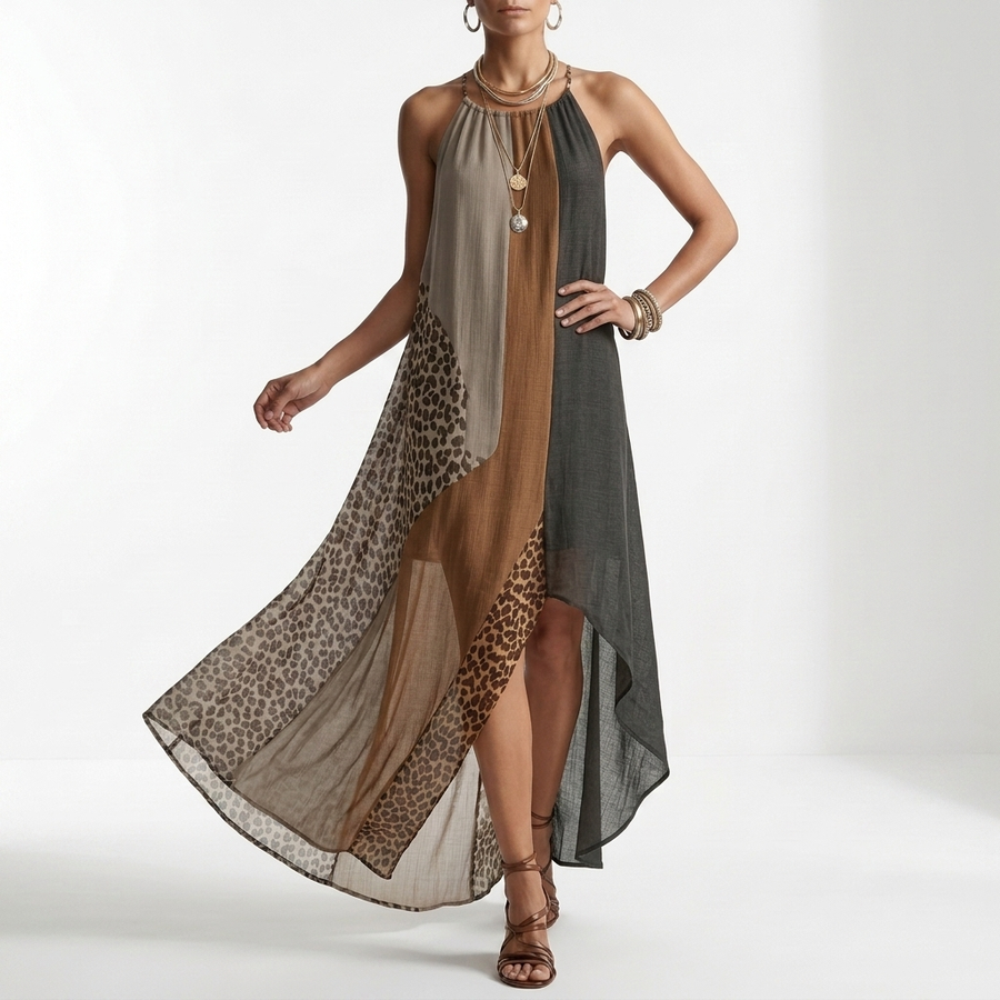 Fauveline™ — Robe maxi halter colorblock imprimé animalier