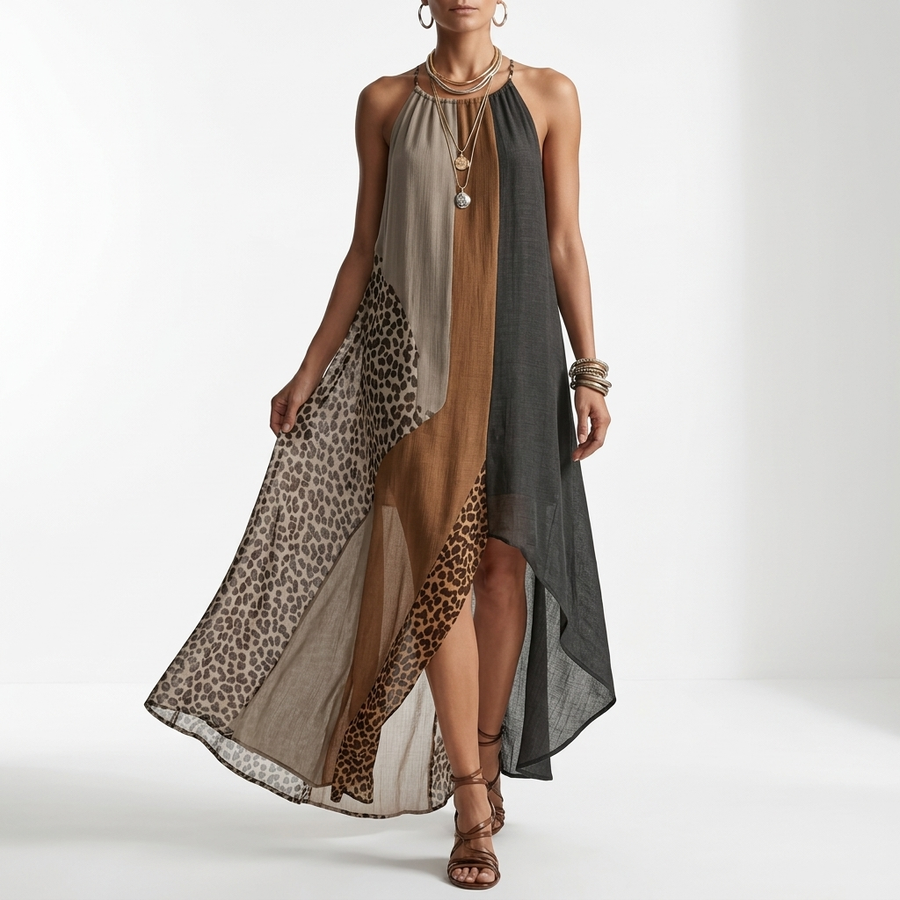 Fauveline™ — Robe maxi halter colorblock imprimé animalier